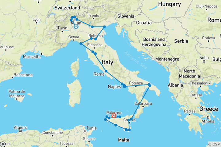 Kaart van De Grand Tour - Een 29-daagse Italiaanse ervaring met geschiedenis, smaken en landschappelijke wonderen