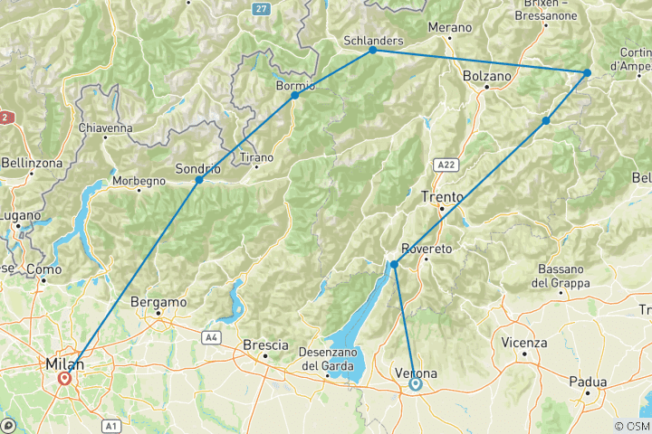 Carte du circuit Lac de Garde, Dolomites, Bormio ~ *CYCLE* guidé (tout compris)