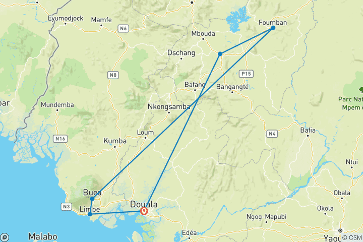 Map of Option 2: Cultural & Coastal Circuit in Cameroon – 9 Days
