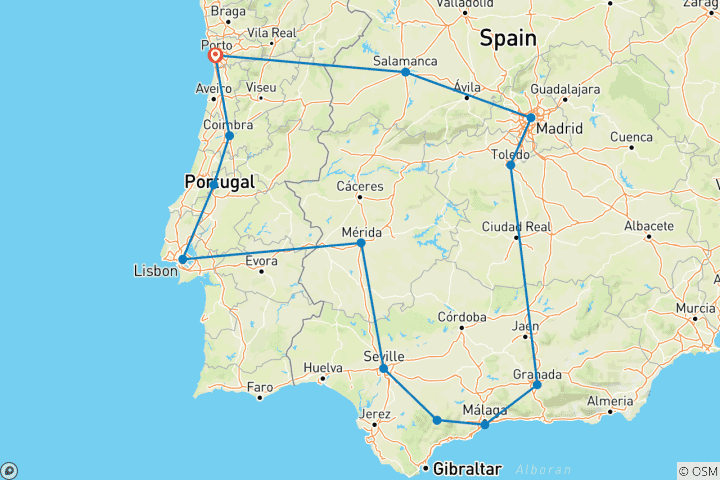 Kaart van 11-daagse Zuid-Spanje vanuit Porto