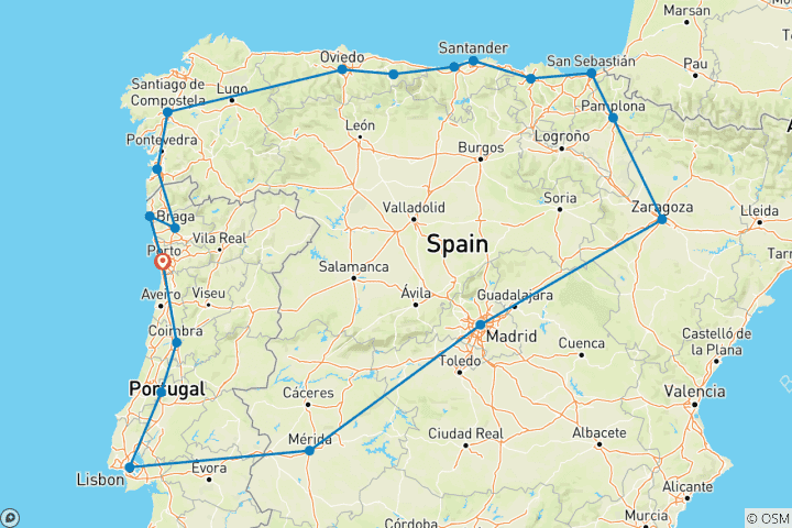 Kaart van 12-daagse Portugal & Noord-Spanje vanuit Porto