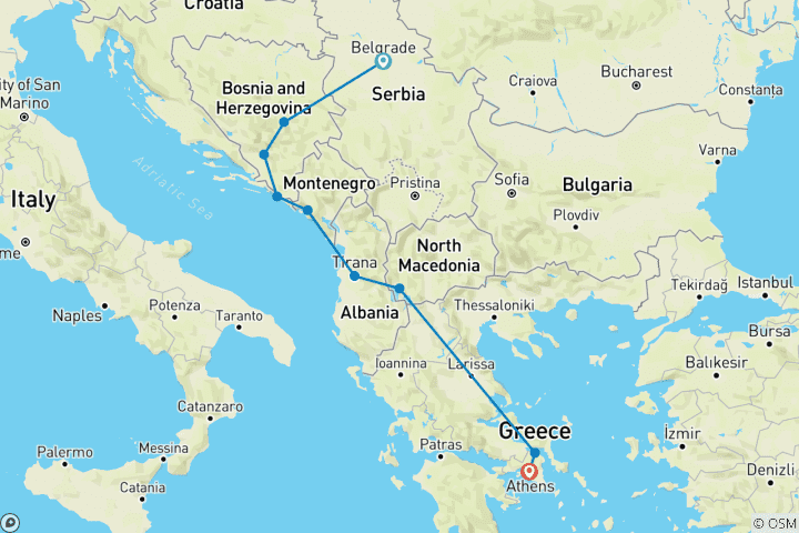 Karte von 7Länder Kleingruppenreise - Von Belgrad nach Athen & Dubrovnik