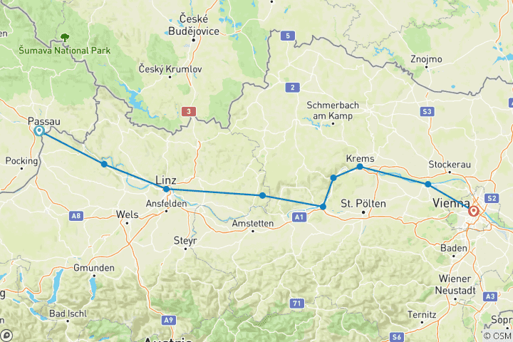 Karte von Donauradweg Vital & Relax Passau-Wien (7 Tage)