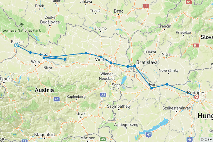 Kaart van Donauradweg - Passau-Boedapest - 4 landen 1 belevenis (14 dagen)