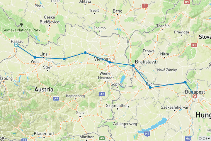Kaart van Donaufietsroute - Sportmannenroute Passau-Boedapest (10 dagen)
