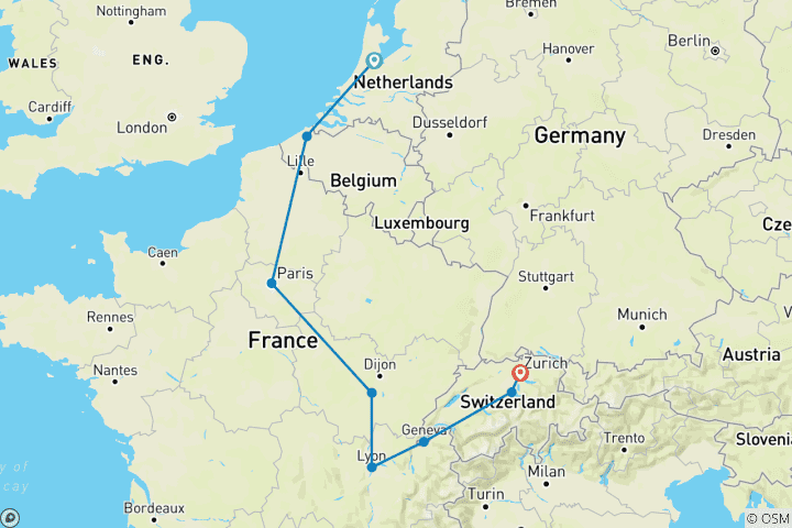 Carte du circuit Souhaité Europe fin Zurich (including Bruges)