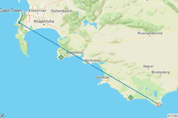 Carte du circuit 3Day Small Group Garden Route Big 5 Safari Tour from Cape Town &Private Guided Sightseeing Tour Visit to Cape Agulhas