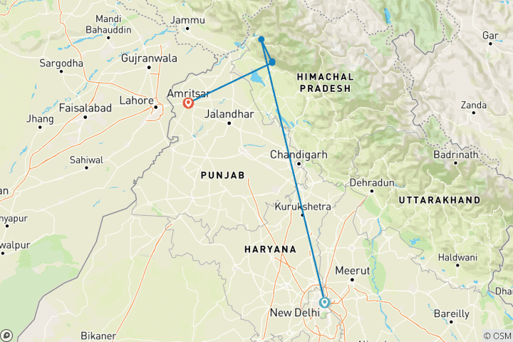 Mapa de Norte de la India: Delhi, Dharamshala y el Templo Dorado