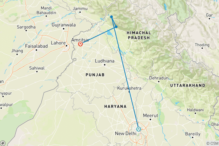 Kaart van Noord-India: Delhi, Dharamshala & de Gouden Tempel
