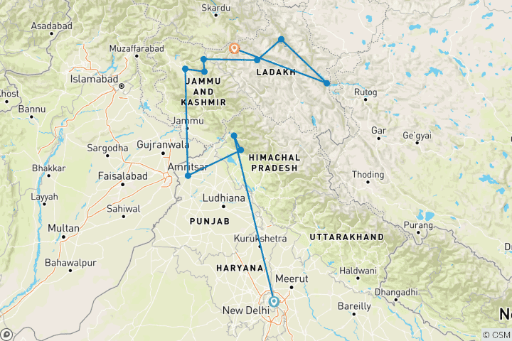 Kaart van Noord-India: Hoogtepunten van Dharamshala, Kasjmir & Ladakh