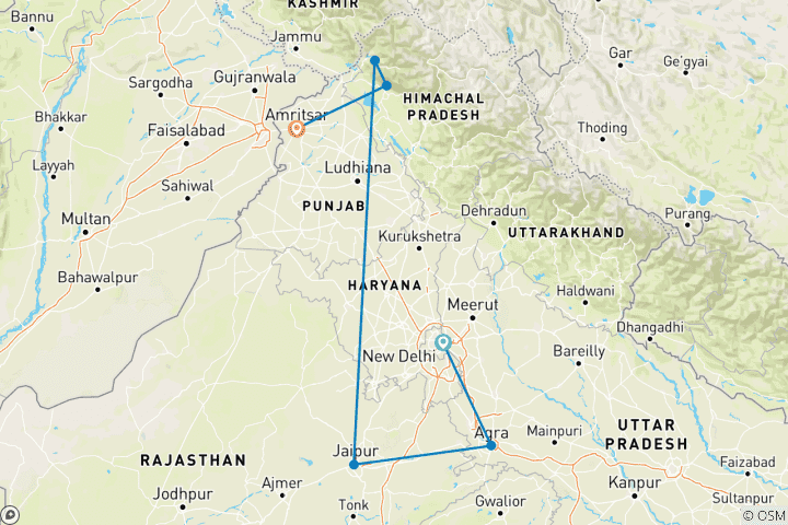Kaart van Ontdek India: Gouden Driehoek & Hoogtepunten van de Himalaya