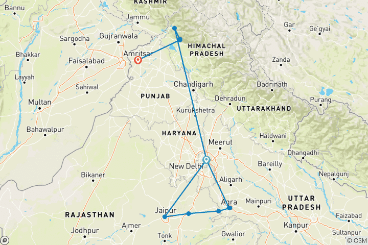 Mapa de Descubrir la India: El Triángulo de Oro y lo mejor del Himalaya