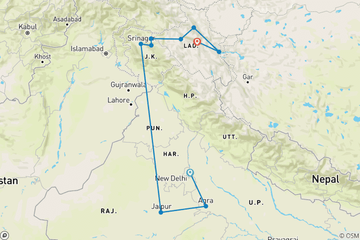 Mapa de Rutas por el Norte de la India y el Himalaya