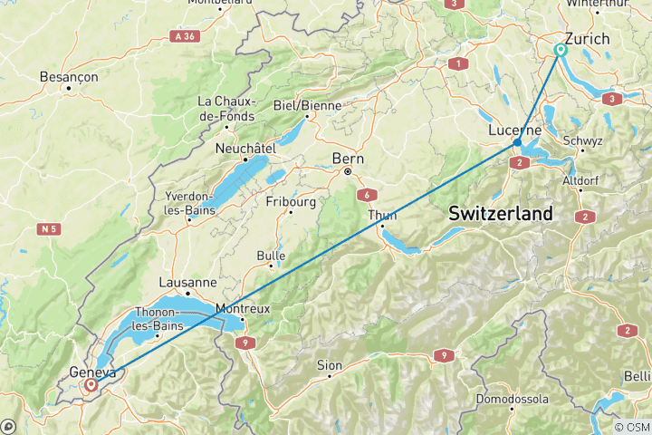 Kaart van Luxe Zwitserland Rondreizen voor Senioren - 10 Dagen