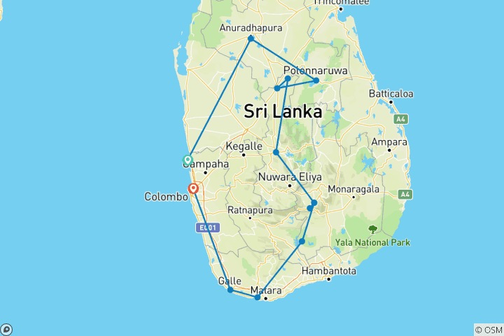 Mapa de Lo mejor de Sri Lanka (13 destinations)