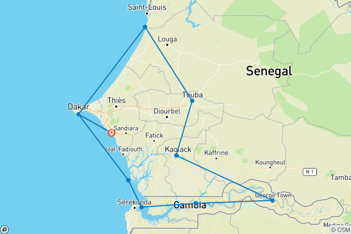 Kaart van Senegal en Gambia (11 bestemmingen)