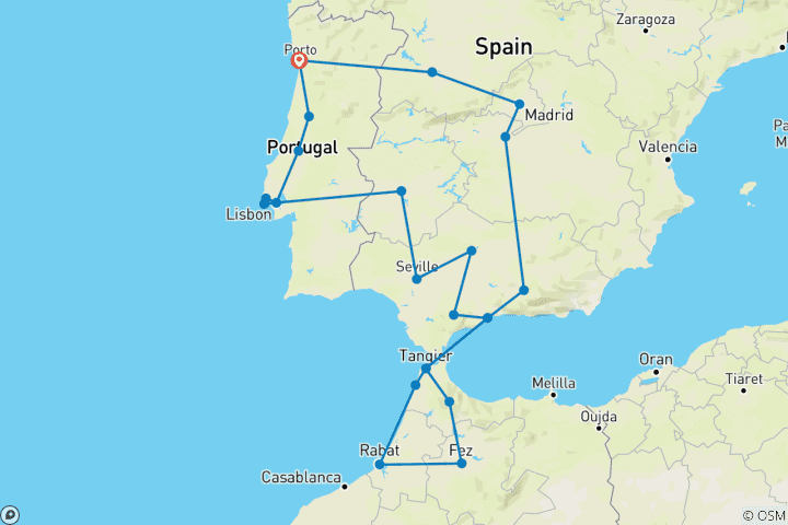 Kaart van Porto naar Lissabon, Andalusië & Marokko - 15 dagen