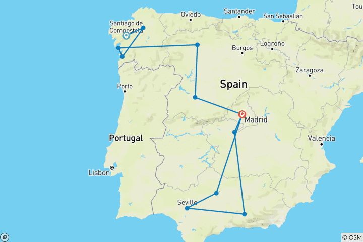 Kaart van Santiago naar Sevilla & Madrid - 8 dagen
