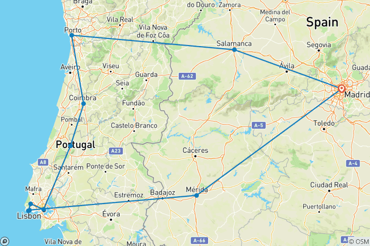 Map of Portugal Express From Madrid - 5 days