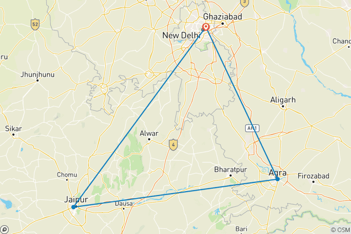 Carte du circuit 06 jours Location de voiture privée avec guide pour Delhi, Agra et Jaipur