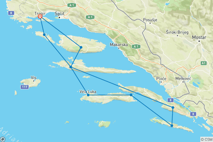 Carte du circuit Croatie à vélo et à la voile : Croisière de 8 jours sur les îles dalmates