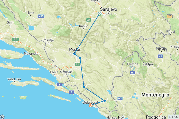 Karte von Radtour von Sarajevo nach Dubrovnik (7 Tage)