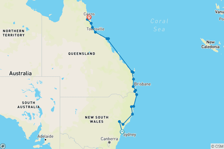 Carte du circuit Aventure de Sydney à Cairns