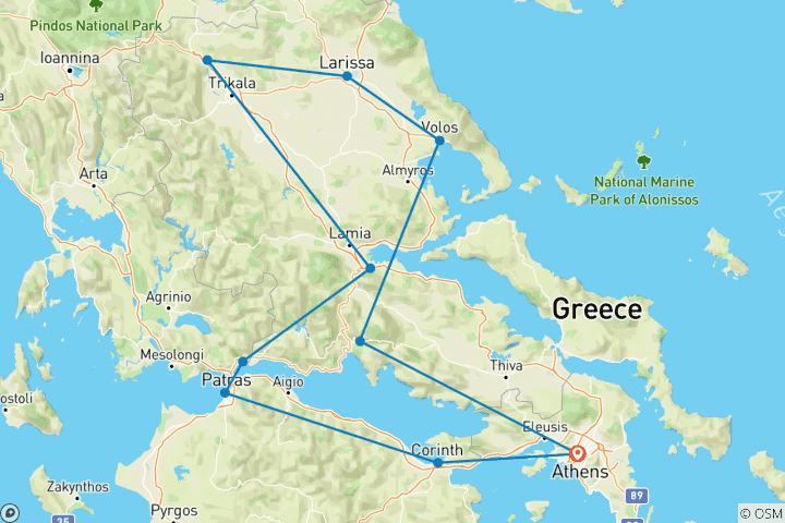 Map of Small 9-day discovery tour Central Greece from Athens. Explore the main attractions. Incredible UNESCO sites, , as well as old towns, seaside cities, architecture, history, nature, and delicious cuisine.