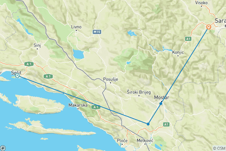 Mapa de DESCUBRIMIENTO DE BOSNIA Y HERZEGOVINA - Desde Split o Dubrovnik
