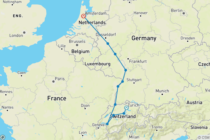 Kaart van Hoogtepunten van de Rijn met Zwitserland 2026|2027 - 12 Dagen