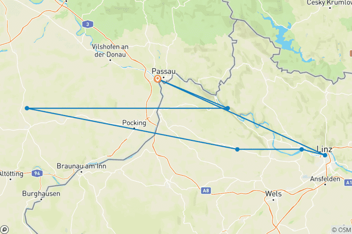 Kaart van Donaufietsroute - Familietour | Passau - Linz (6 dagen)