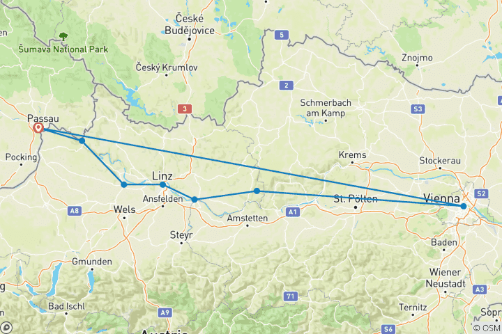 Kaart van Donaufietsroute | Bummlertour | Passau - Wenen (10 dagen)