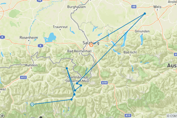 Kaart van Tauern fietspad Krimml-Salzburg (5 dagen)