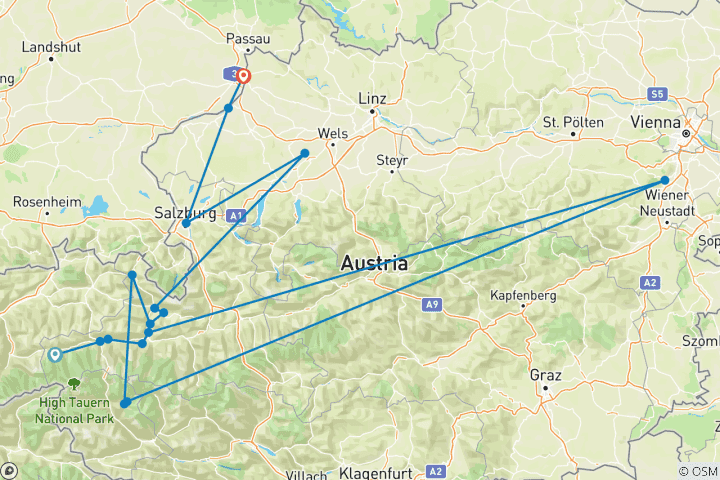 Karte von Tauern-Radweg Krimml-Passau 10 Tage (10 Tage)