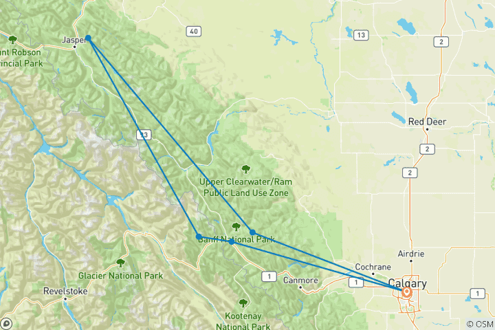 Map of 5 Day Canadian Rockies Tour Visiting Banff Jasper and Yoho National Parks