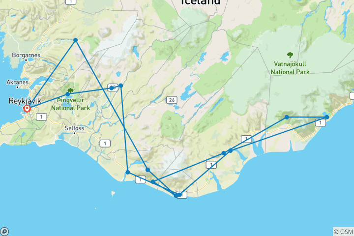 Map of 4-Day South Coast and Glacier Adventure