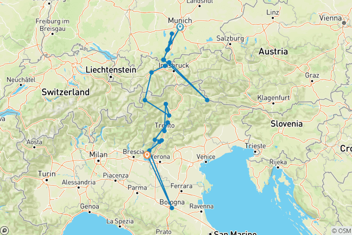 Kaart van Van München naar het Gardameer - met charme de Alpen doorkruisen (11 dagen)