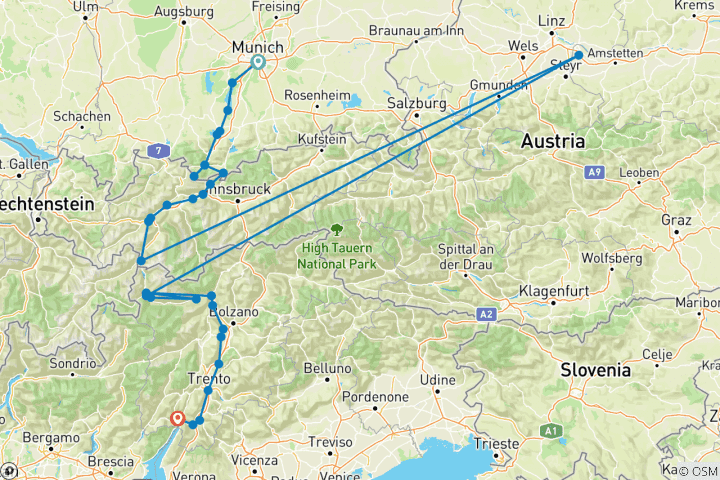 Carte du circuit De Munich au lac de Garde - Une traversée des Alpes pleine de charme (11 jours)