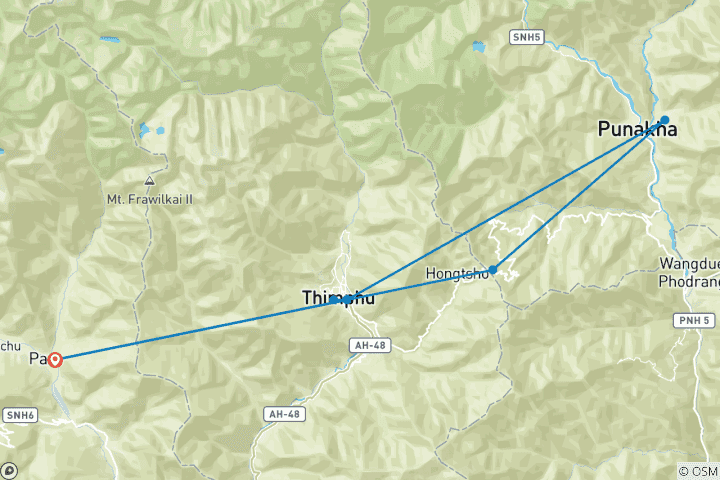 Mapa de Bután: Ruta Sagrada - Thimphu - Punakha - Paro en 7DÍAS/6NOCHES