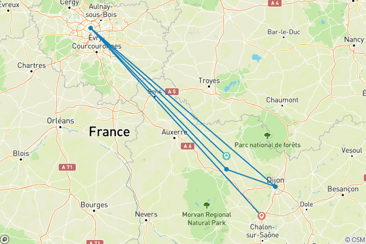 Karte von Radfahren entlang des Burgund-Kanals: Von Montbard nach Dijon (5 Tage)