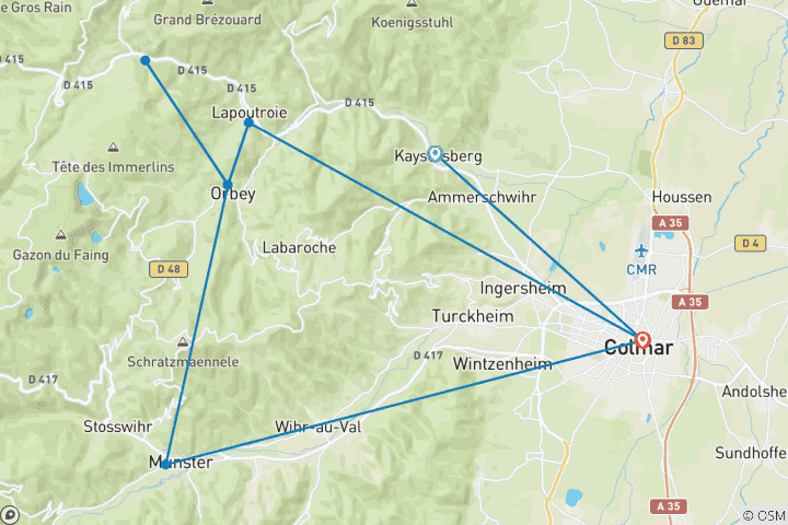 Mapa de Senderismo por las montañas de Alsacia: de Kaysersberg a Munster (5 días)