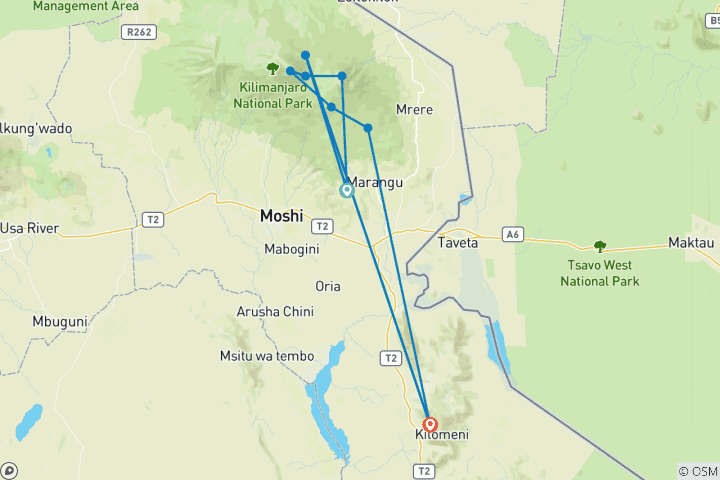 Mapa de Kilimanjaro: ruta Marangu (from Marangu to Kilimanjaro)