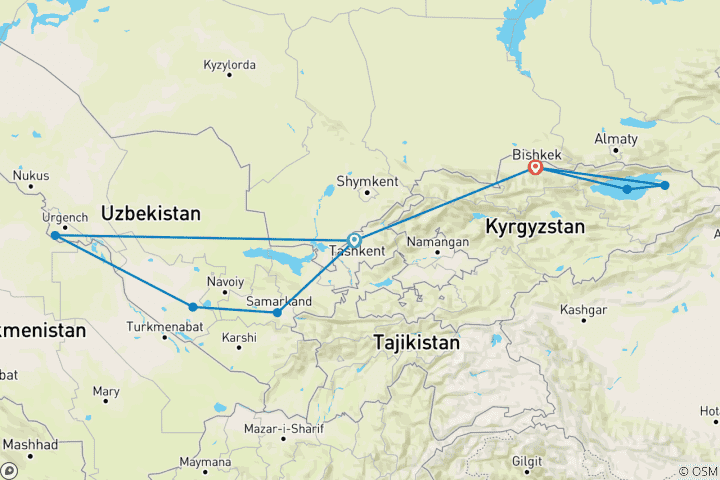Mapa de Uzbekistán y Kirguistán - Ruta de descubrimiento de 15 días