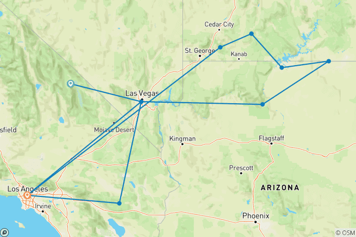 Carte du circuit 5 jours au départ de Los Angeles pour découvrir le Grand Canyon, Antelope Canyon, Bryce, Zion, Monument Valley, Joshua Tree et la Vallée de la Mort