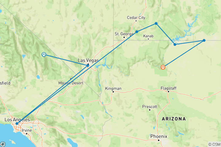 Carte du circuit Circuit de 4 jours de Los Angeles à Las Vegas : Grand Canyon, Antelope Canyon, Bryce, Zion, Monument Valley et Vallée de la Mort