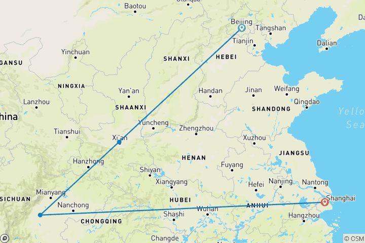 Map of 10 Days China Highlights Beijing Xian Chengdu Shanghai Small Group Tour (Max 12)