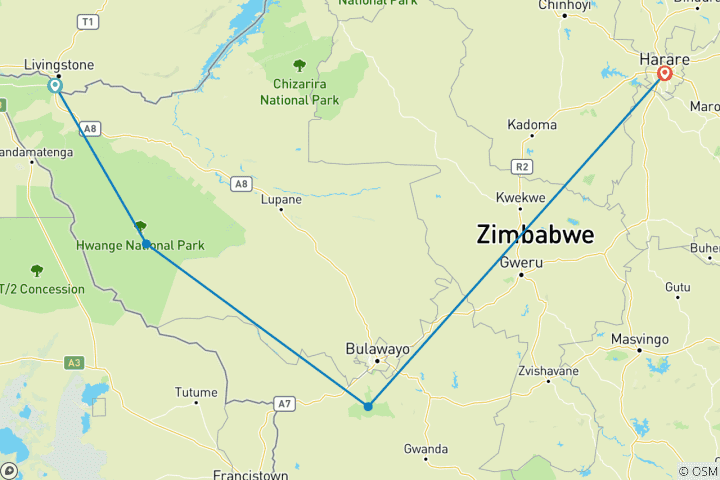 Mapa de Lo Mejor de Zimbabue: Expedición Panorámica, Patrimonio y Safari 7 Días / 6 Noches