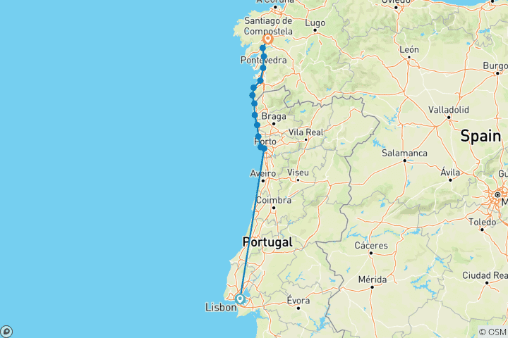 Carte du circuit Camino (portugais intégral) côtier *COACH*TREK* (tout compris)