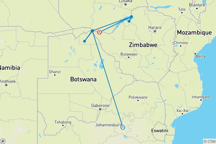 Map of Safari Cruise along the Zambezi River - South Africa, Botswana, Namibia, Zimbabwe (port-to-port cruise) (13 destinations)