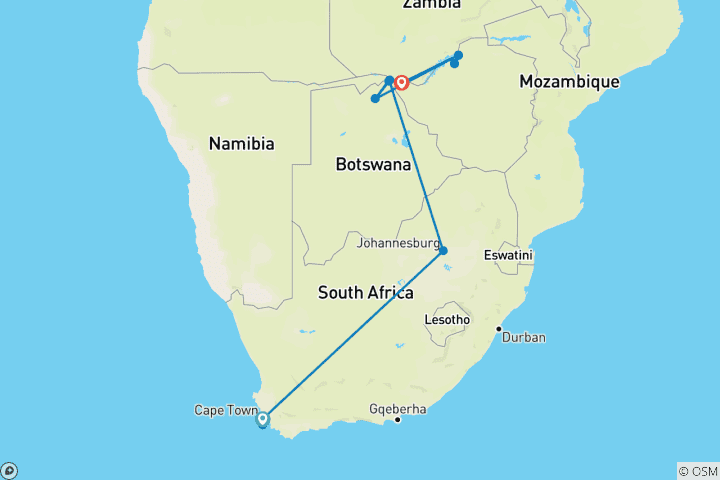 Kaart van Safari Cruise langs de Zambezi Rivier - Zuid-Afrika, Botswana, Namibië, Zimbabwe met verlengd verblijf op het Kaapse schiereiland (haven-tot-haven cruise) (18 bestemmingen)